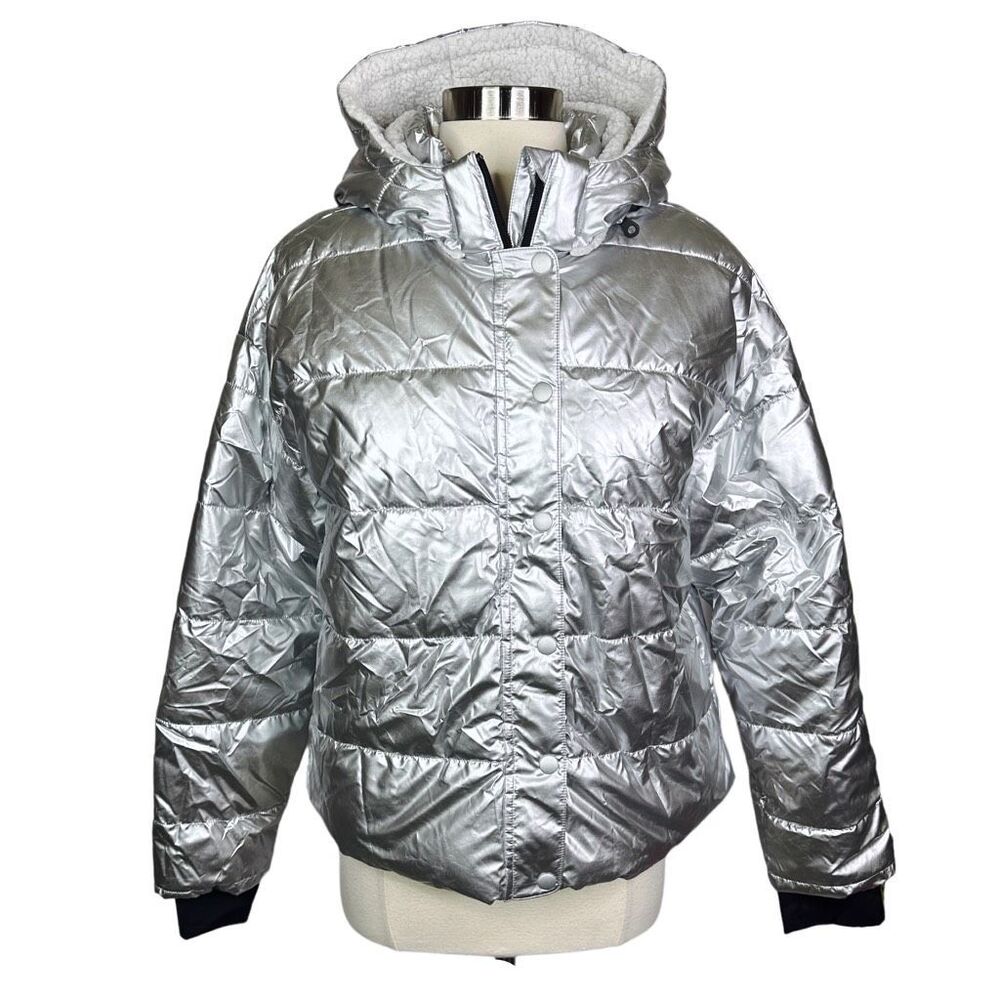 Offline By Aerie Sherpa Lined Metallic Silver Puf… - image 2